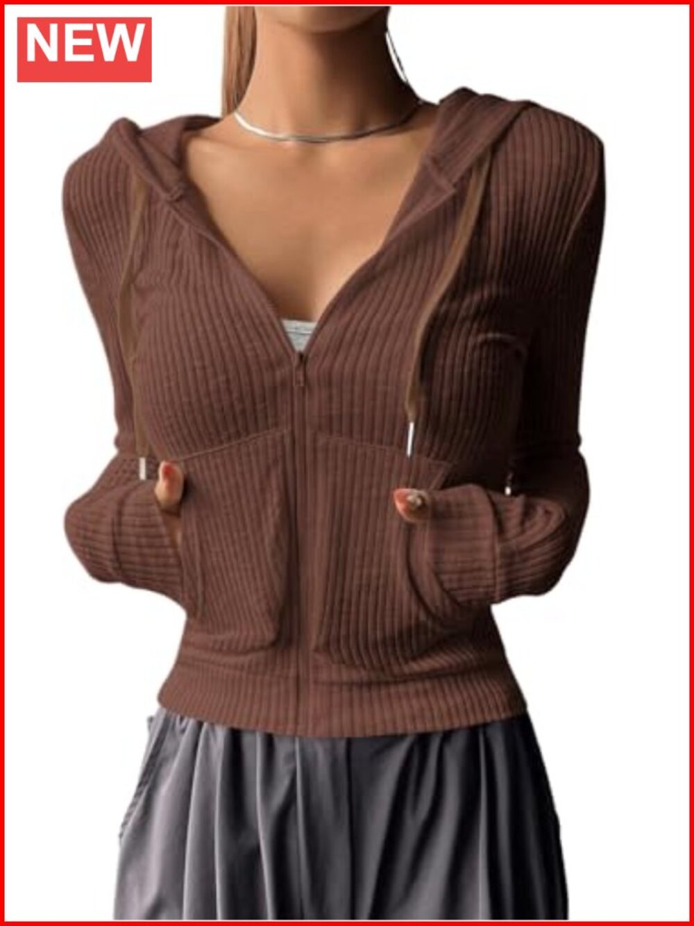 Cropped Zip Up Hoodie Long Sleeve Rib Knit Lightweight Jacket